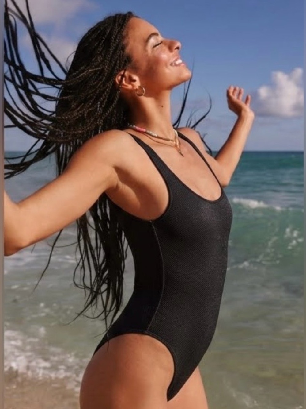 NWT Aerie Shine Pique Babewatch One Piece Swimsuit Textured Full Coverage Black